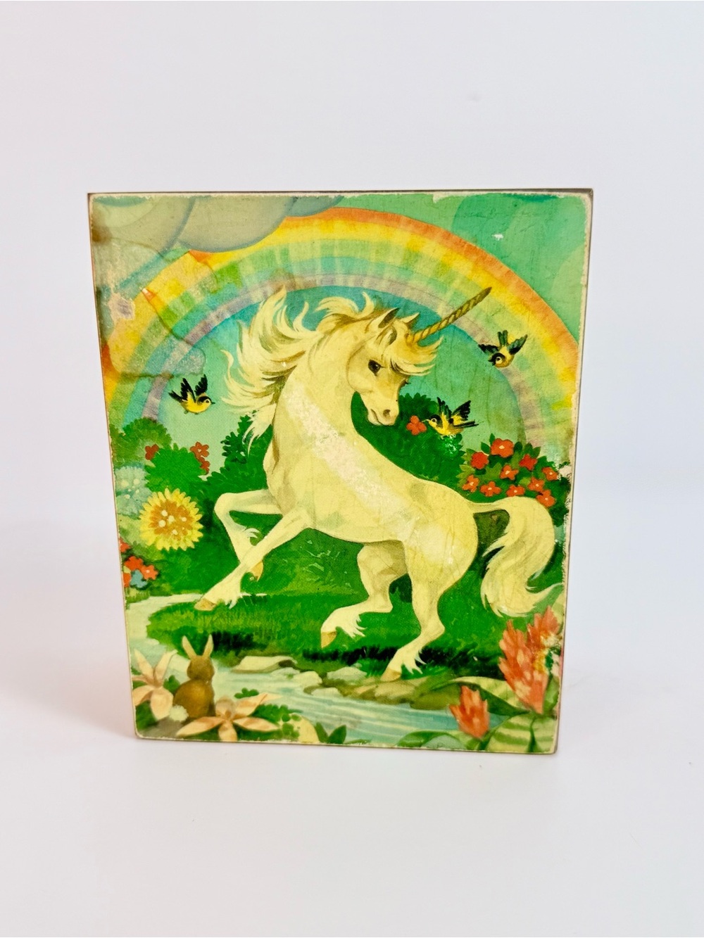 Vintage Georgia's Stone Mountain Cedar Hinged Trinket Box Unicorn Rainbow 1980s